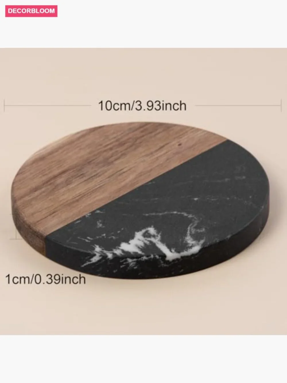 Set of 4 Acacia Wood and Marble Coasters, 3.9 inch, for Drinks